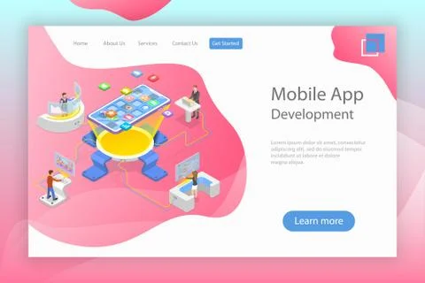 Flat isometric vector landing page template of mobile app development. Stock-Illustration