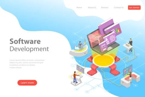 Flat isometric vector landing page template of software development. 스톡 일러스트