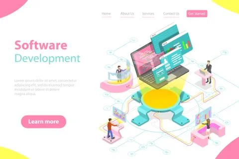 Flat isometric vector landing page template of software development. Stock Illustration