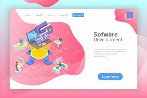 Flat isometric vector landing page template of software development. Stock-Illustration