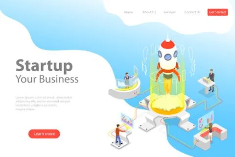 Flat isometric vector landing page template of new business startup. Stock Illustration