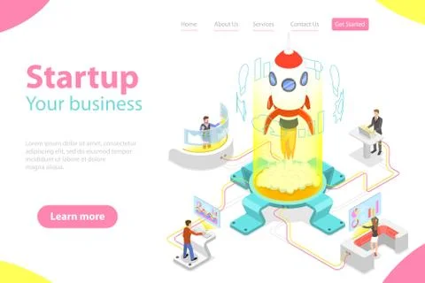 Flat isometric vector landing page template of new business startup. Illustrazione stock