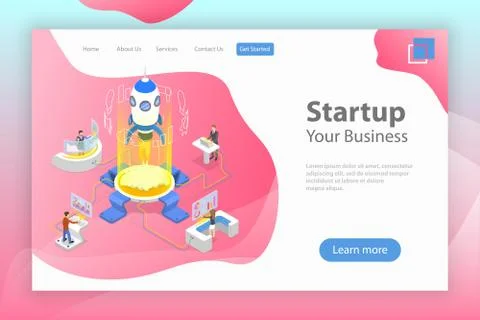 Flat isometric vector landing page template of new business startup. Stock Illustration