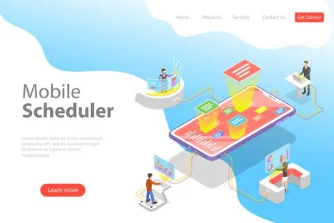 Flat isometric vector landing page template of mobile scheduler Stock Illustration