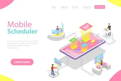 Flat isometric vector landing page template of mobile scheduler Stock Illustration