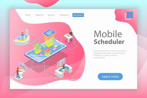 Flat isometric vector landing page template of mobile scheduler Stock Illustration