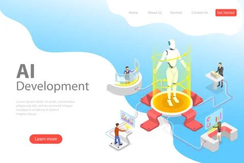 Flat isometric vector landing page template of AI development. Illustrazione stock