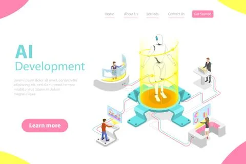 Flat isometric vector landing page template of AI development. Stock Illustration