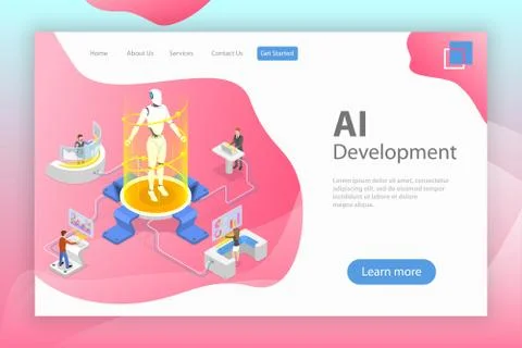 Flat isometric vector landing page template of AI development. Stock Illustration