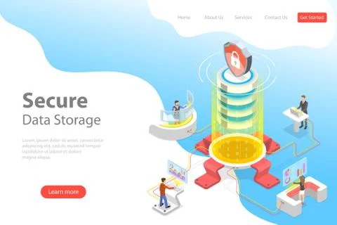 Flat isometric vector landing page template of secure online storage. Stock Illustration