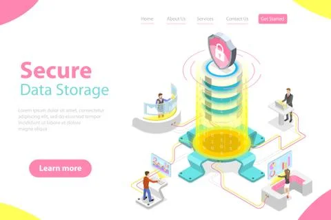 Flat isometric vector landing page template of secure online storage. Stock Illustration