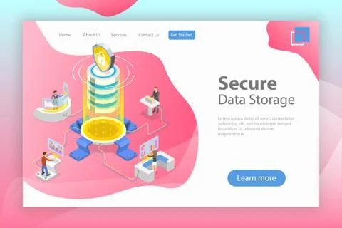 Flat isometric vector landing page template of secure online storage. Stock Illustration