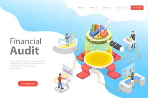 Flat isometric vector landing page template of financial audit service. Stock Illustration