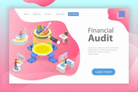 Flat isometric vector landing page template of financial audit service. Stock Illustration