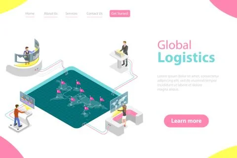 Flat isometric vector landing page template of global logistics. Stock Illustration