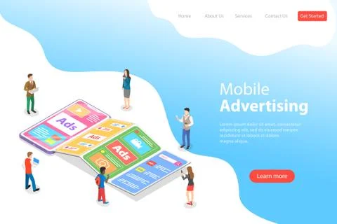 Flat isometric vector landing page template of mobile advertising. Stock Illustration