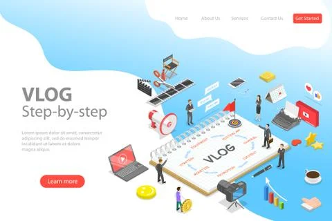 Flat isometric vector landing page template of video blog ste-by-step, vlog. Stock Illustration