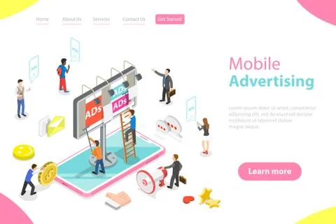 Flat isometric vector landing page template of mobile advertising. Stock Illustration