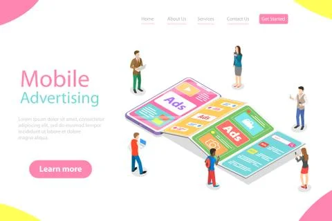 Flat isometric vector landing page template of mobile advertising. Stock Illustration