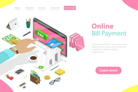 Flat isometric vector landing page template of bill payment, shopping. Stock Illustration