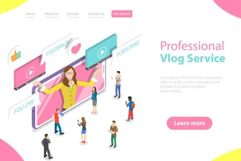 Flat isometric vector landing page template of vlog, video blog, online channel. Stock Illustration