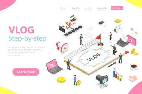 Flat isometric vector landing page template of video blog ste-by-step, vlog. Stock Illustration