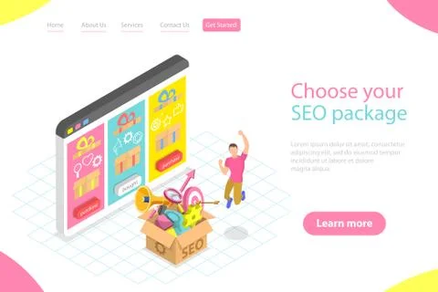 Flat isometric vector landing page template of SEO package choosing. Stock Illustration