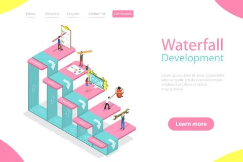 Flat isometric vector landing page template of waterfall methodology. イラスト素材