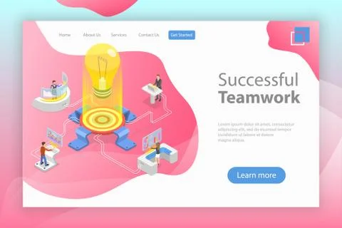Flat isometric vector landing pagte template of effective teamwork. Stock Illustration