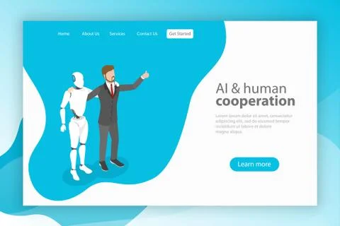 Flat isometric vector landing pate template for AI and human cooperation. Stock Illustration