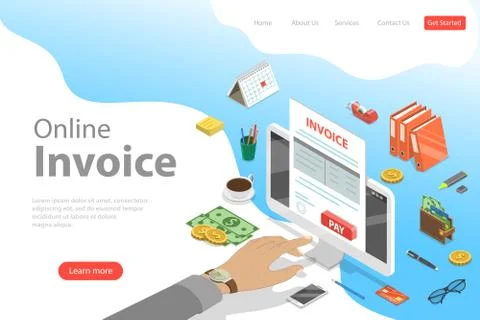 Flat isometric vector landing pate template of online invoice, payment. Stock Illustration