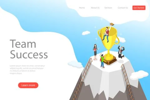 Flat isometric vector landing pate template of team success, effective teamwork. Stock Illustration