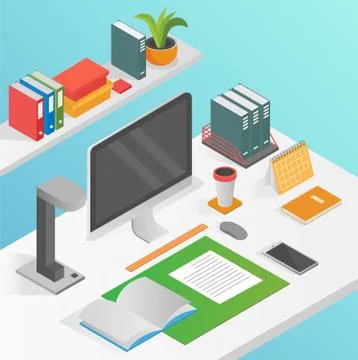 Flat isometric workspace work place concept vector isolated. Desktop computer. Stock Illustration