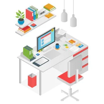 Flat isometric workspace worl place concept vector isolated. Stock Illustration