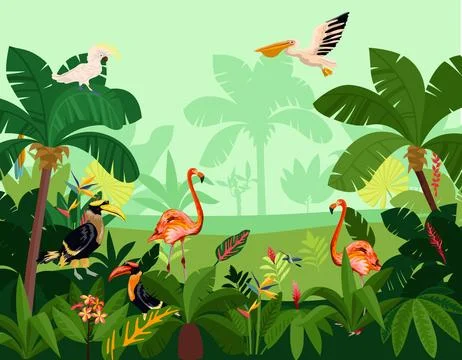 Flat jungle composition birds fly dense jungle pink flamingos large parrots v イラスト素材