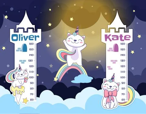 Flat kids height chart or growth wall meter with cute caticorn Stock Illustration