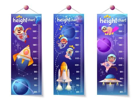 Flat kids height chart or growth wall meter with cute astronaut animals Illustrazione stock