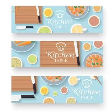Flat kitchen table for cooking in house banners vector illustrat Stock Illustration