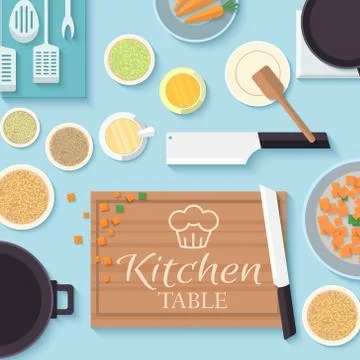 Flat kitchen table for cooking in house vector illustration desi Stock Illustration