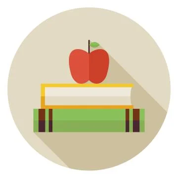 Flat Knowledge Book with Apple Circle Icon with Long Shadow Stock Illustration