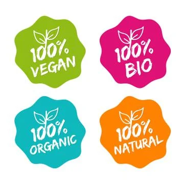 Flat label collection of 100% organic product and premium quality natural foo Stock Illustration