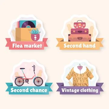 Flat labels collection for second-hand flea market event Stock Illustration