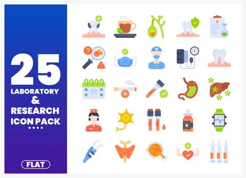 Flat laboratory and research icon pack featuring medical and scientific ill.. Stock Illustration