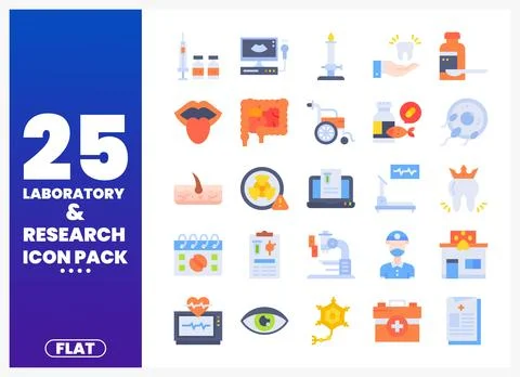 Flat laboratory and research icon pack on white background with blue sidebar Stock Illustration