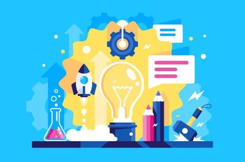 Flat laboratory of ideas with rocket, message, hammer, gear wheel, flasks with Stock Illustration