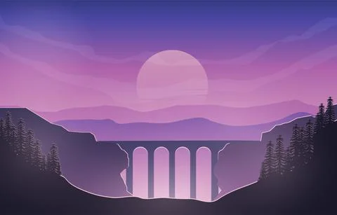 Flat landscape of a bridge between cliffs with foggy mountains background Stock Illustration