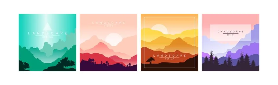 Flat Landscape Design Square View and Scene Vector Set 스톡 일러스트