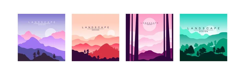 Flat Landscape Design Square View and Scene Vector Set イラスト素材