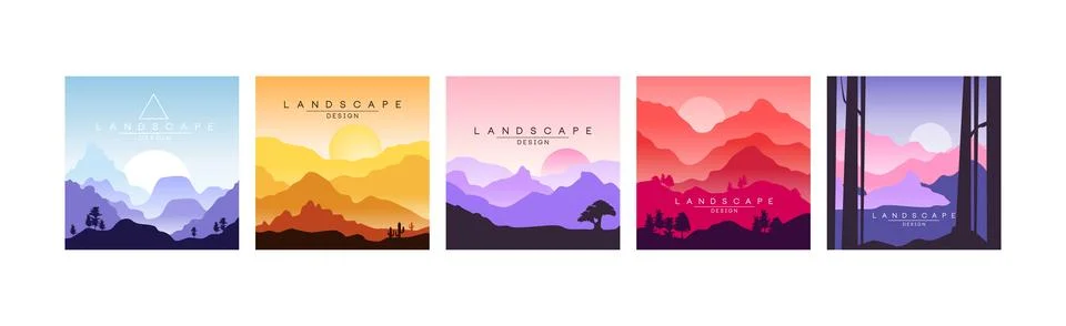 Flat Landscape Design Square View and Scene Vector Set Stock Illustration
