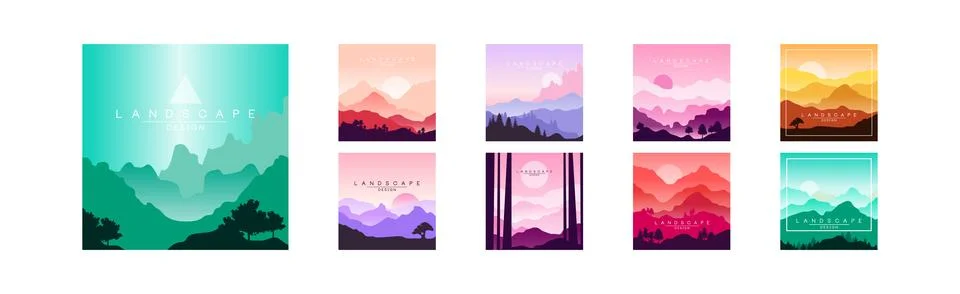 Flat Landscape Design Square View and Scene Vector Set Stock Illustration